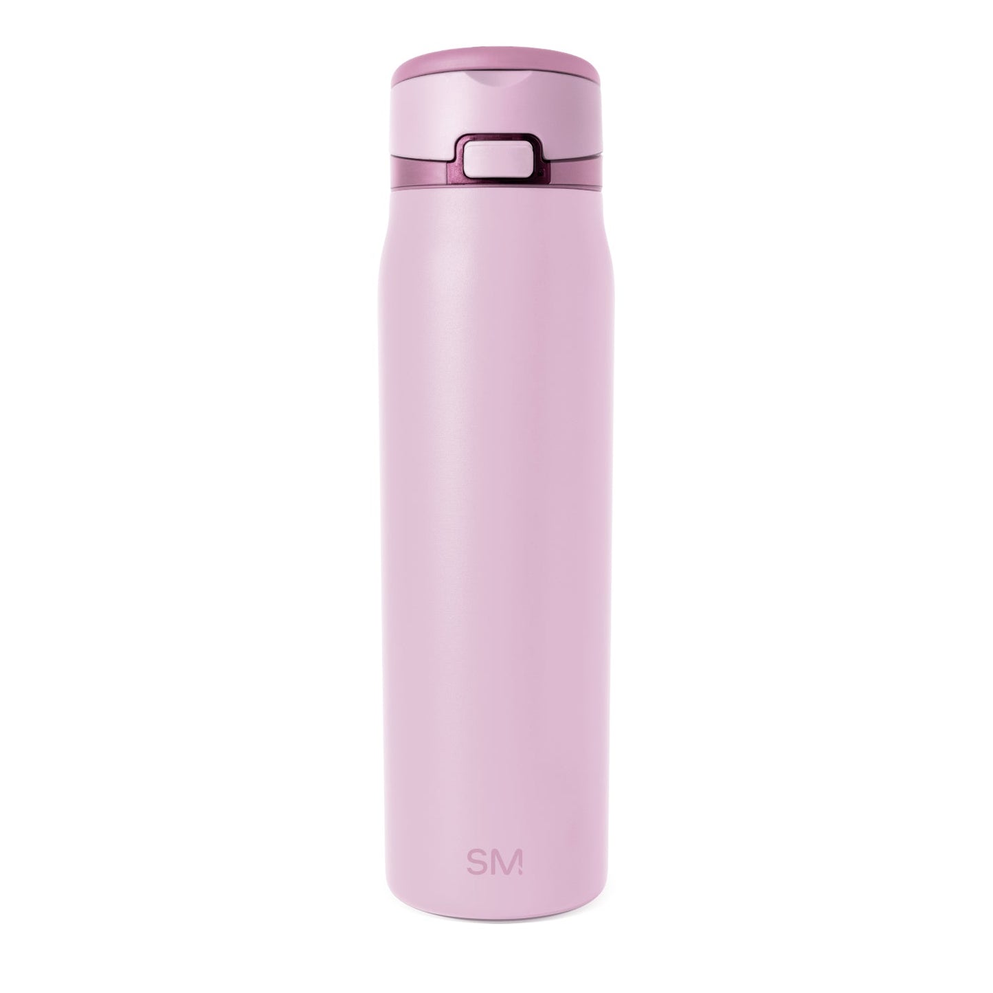 Tall cylindrical insulated water bottle in pale pink with rounded cap and mauve accent band