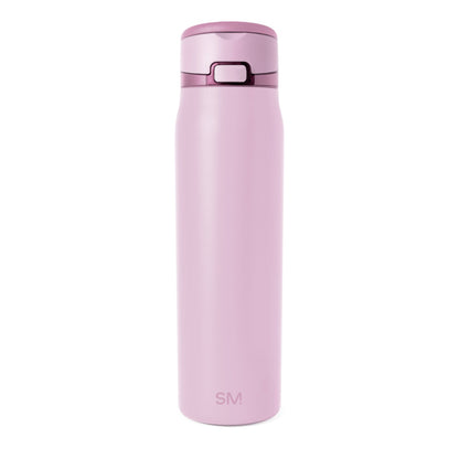 Tall cylindrical insulated water bottle in pale pink with rounded cap and mauve accent band
