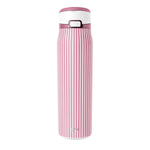 Dusty rose and white striped water bottle with vertical color blocking pattern on cylindrical body