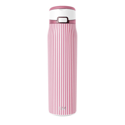 Dusty rose and white striped water bottle with vertical color blocking pattern on cylindrical body