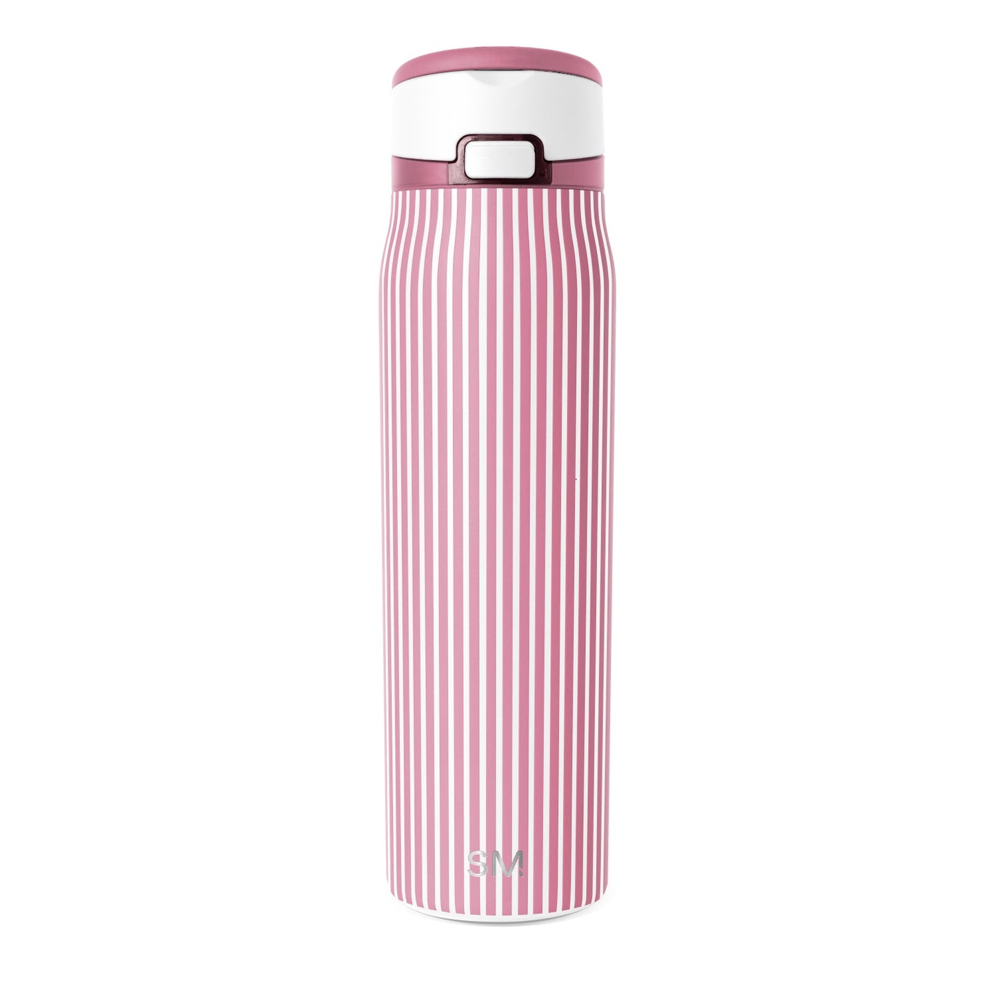 Dusty rose and white striped water bottle with vertical color blocking pattern on cylindrical body