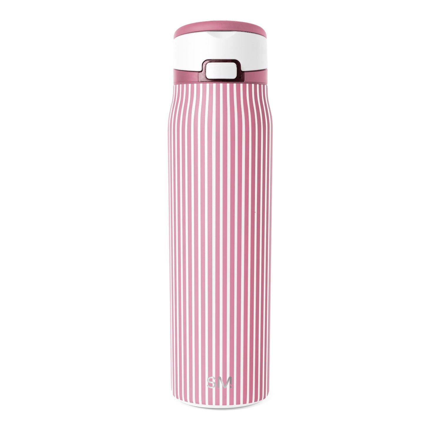 Dusty rose and white striped water bottle with vertical color blocking pattern on cylindrical body