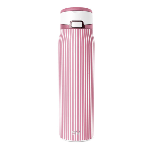 Dusty rose and white striped water bottle with vertical color blocking pattern on cylindrical body