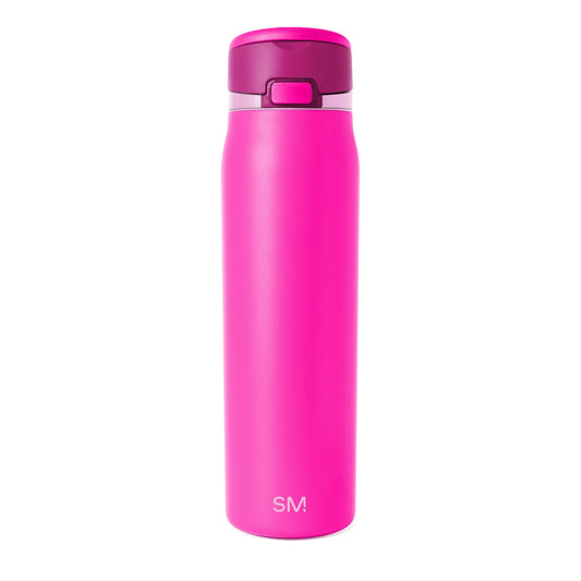 Hot pink water bottle with burgundy lid, cylindrical design, two-tone color scheme