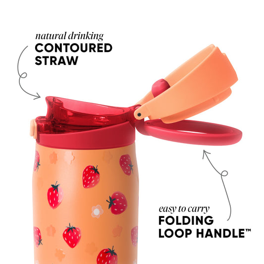 Peach and coral insulated tumbler with bright red lid, straw, and handle, featuring pink and dark green accents