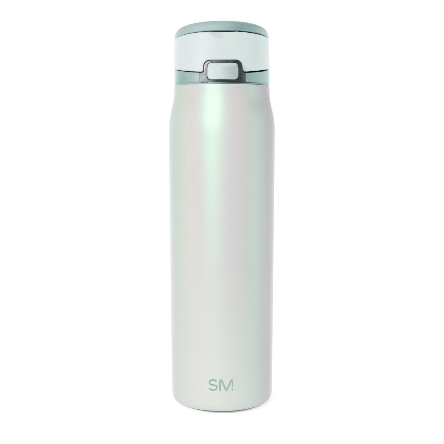 Tall insulated water bottle with pale mint green color and subtle iridescent finish, minimalist design