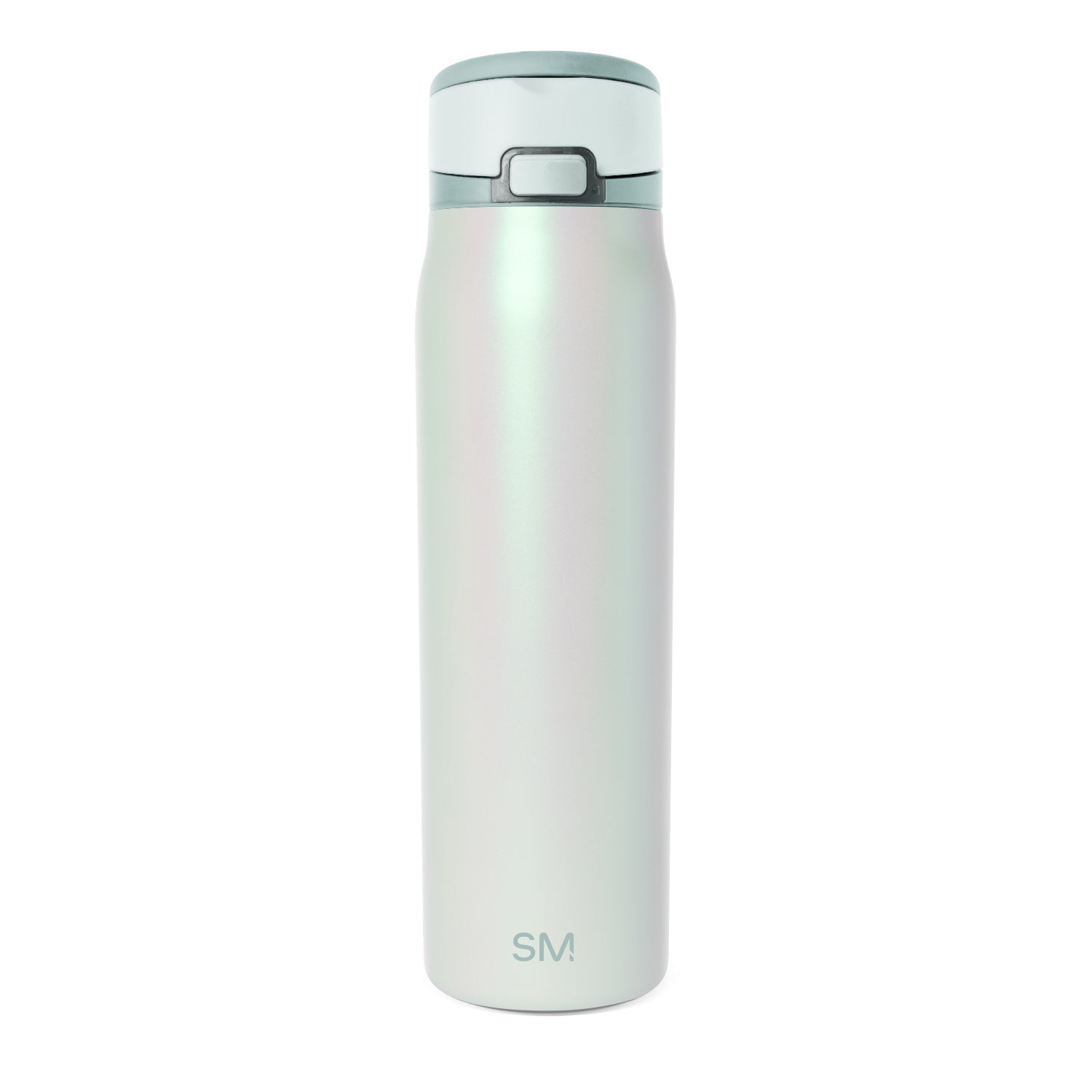 Tall insulated water bottle with pale mint green color and subtle iridescent finish, minimalist design