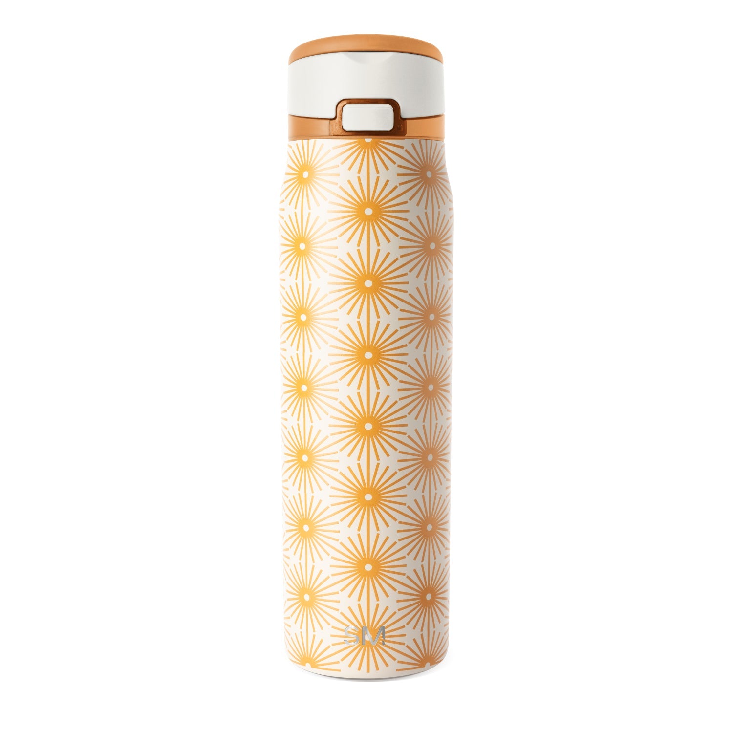 Cream cylindrical bottle with repeating geometric pattern in warm golden orange on neutral background