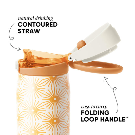 Orange and gold sunburst pattern product with radiating geometric design on white background, displayed against soft peachy tan and cream colored setting.
