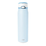 Light blue and white vertically striped Simple Modern insulated water bottle on white background