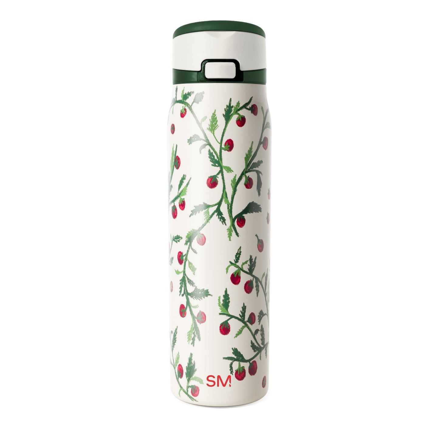 Cream-colored product packaging with dark forest green text and graphics, featuring bright red raspberries with pink highlights as decorative elements.