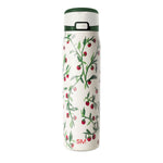 Cream-colored product packaging with dark forest green text and graphics, featuring bright red raspberries with pink highlights as decorative elements.