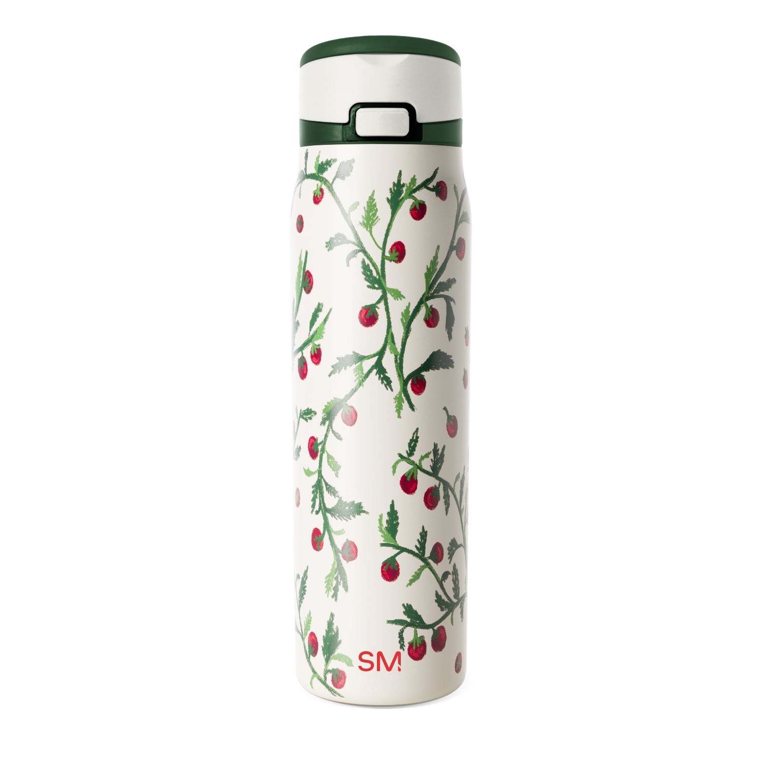 Cream-colored product packaging with dark forest green text and graphics, featuring bright red raspberries with pink highlights as decorative elements.