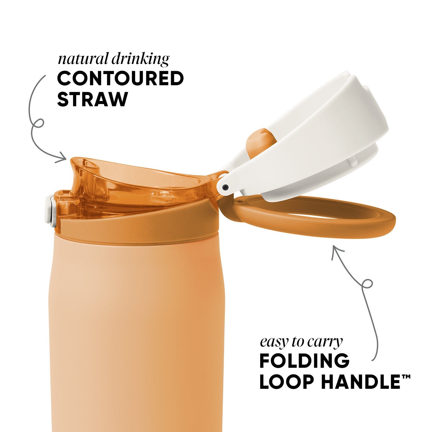 Peachy-orange insulated drinkware vessel with white lid and handle, displayed against a neutral background. Product shot of reusable beverage container with cap detail.