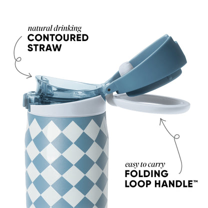 Blue-gray insulated drinking vessel with white diamond pattern, matching lid, and handle against neutral background