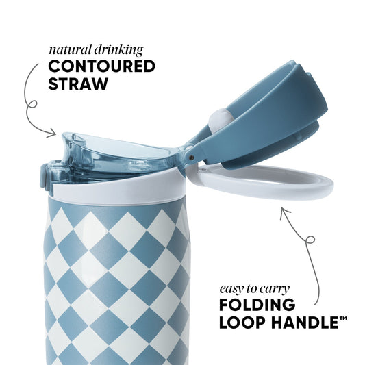 Blue-gray insulated drinking vessel with white diamond pattern, matching lid, and handle against neutral background