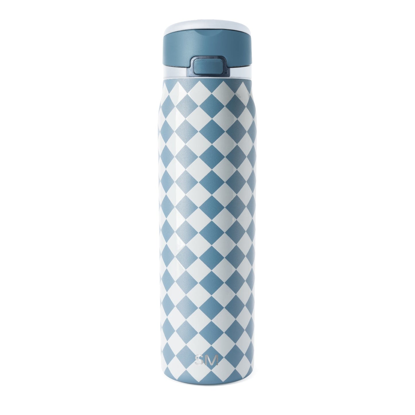 Blue-gray water bottle with geometric diamond pattern in cream white and slate blue stripes, cylindrical shape with matching top lid