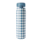 Blue-gray water bottle with geometric diamond pattern in cream white and slate blue stripes, cylindrical shape with matching top lid