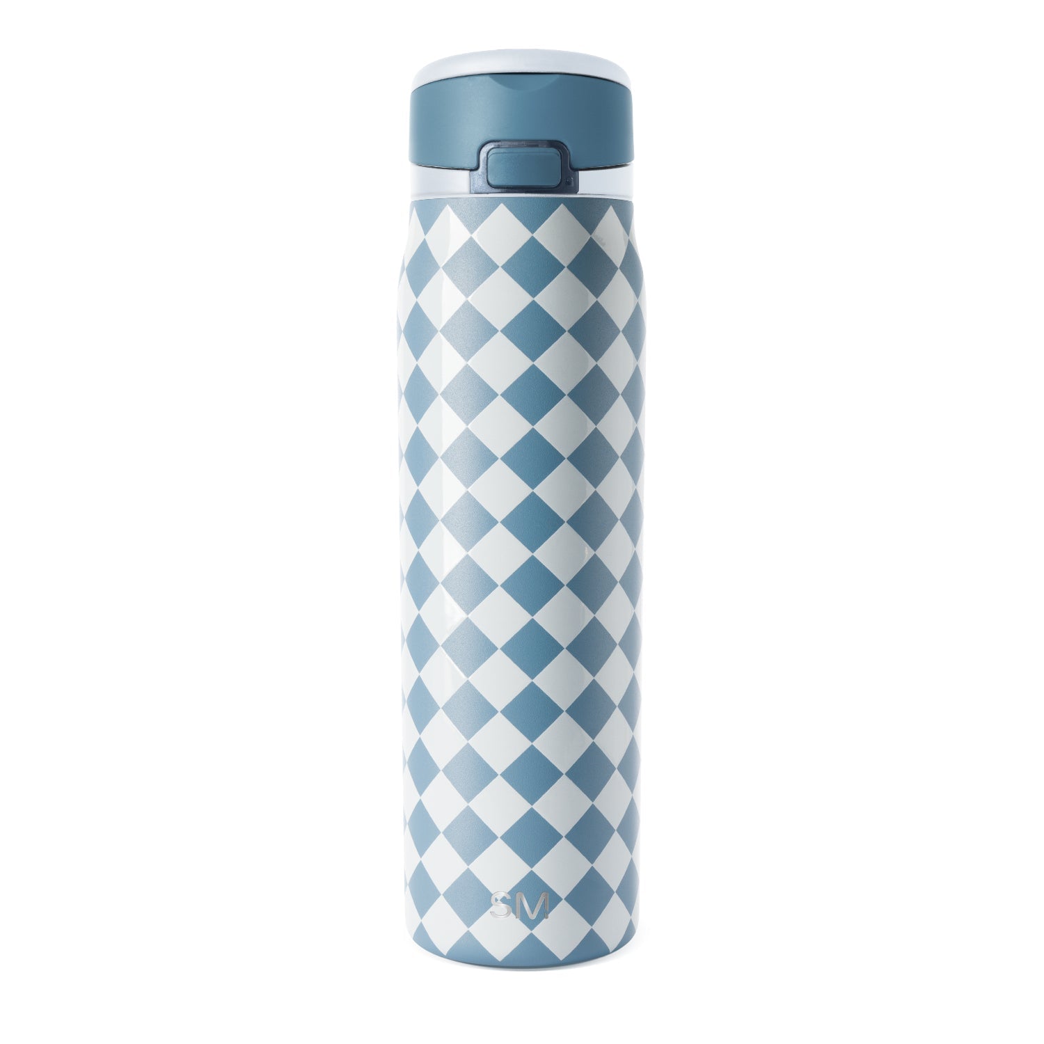 Blue-gray water bottle with geometric diamond pattern in cream white and slate blue stripes, cylindrical shape with matching top lid