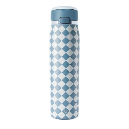 Blue-gray water bottle with geometric diamond pattern in cream white and slate blue stripes, cylindrical shape with matching top lid