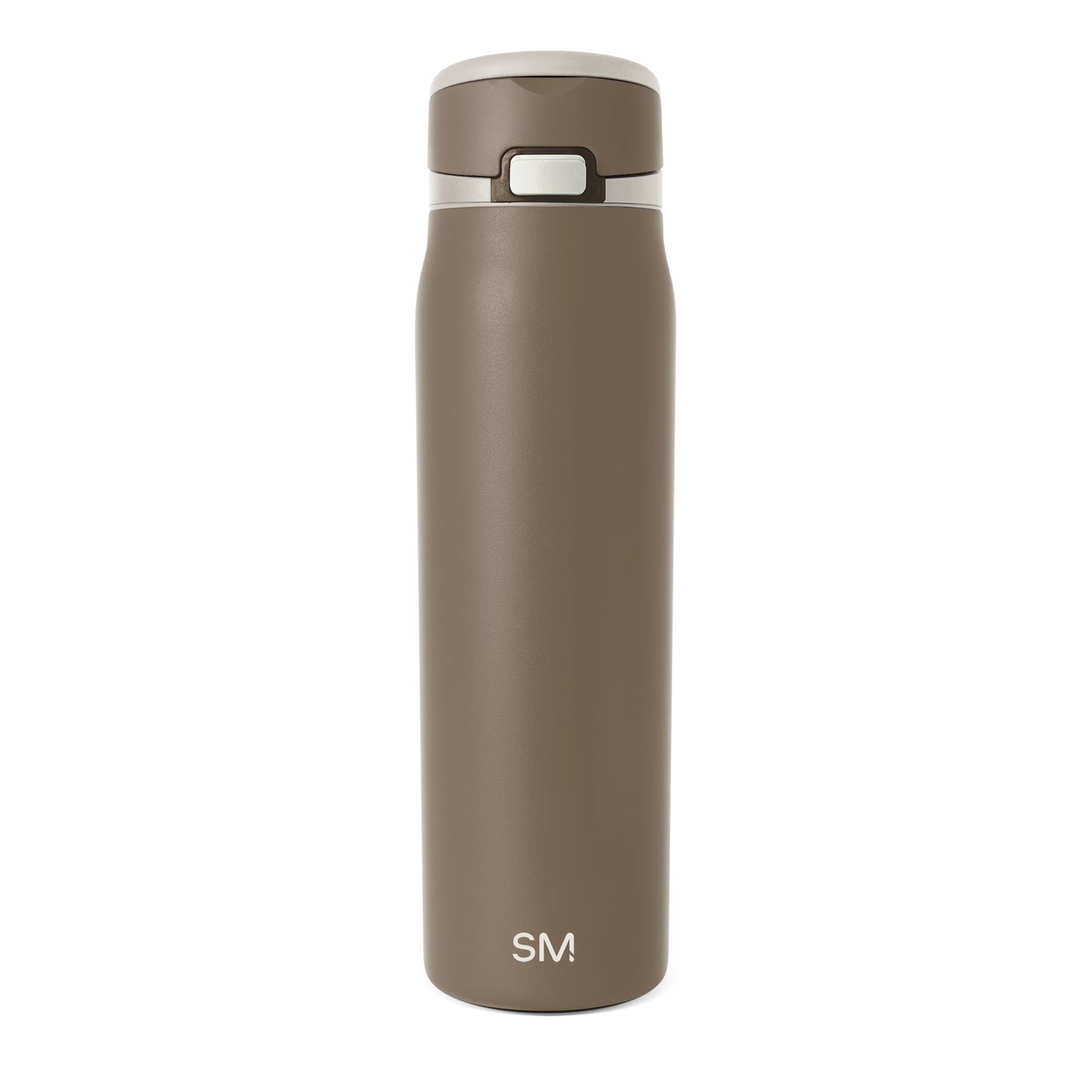 Taupe-brown glass bottle with white collar and lid
