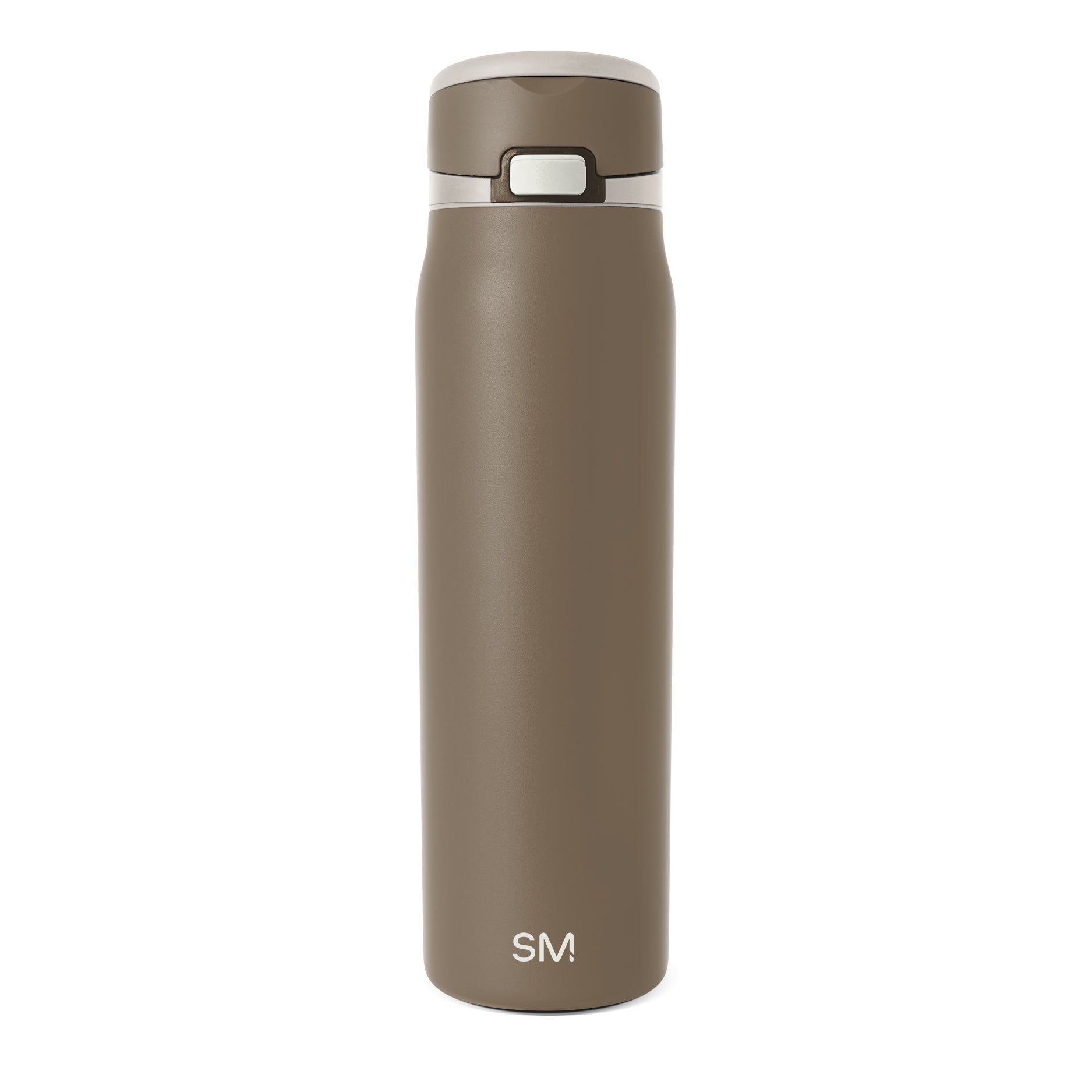 Taupe-brown glass bottle with white collar and lid