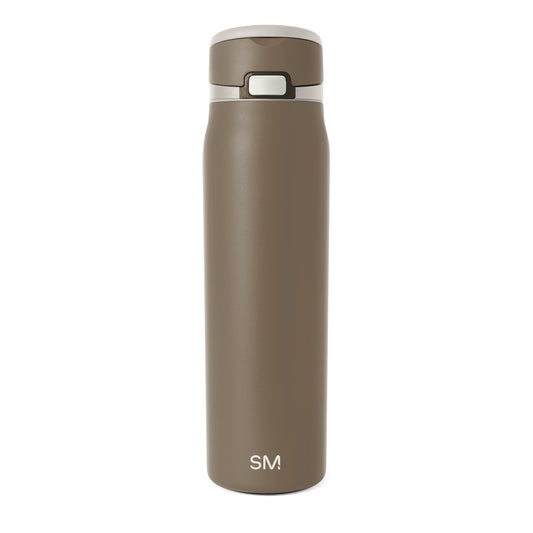 Taupe-brown glass bottle with white collar and lid