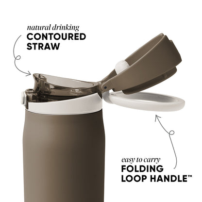 Muted sage-brown drinkware with white accent bands and trim, featuring soft taupe and khaki tones throughout the design