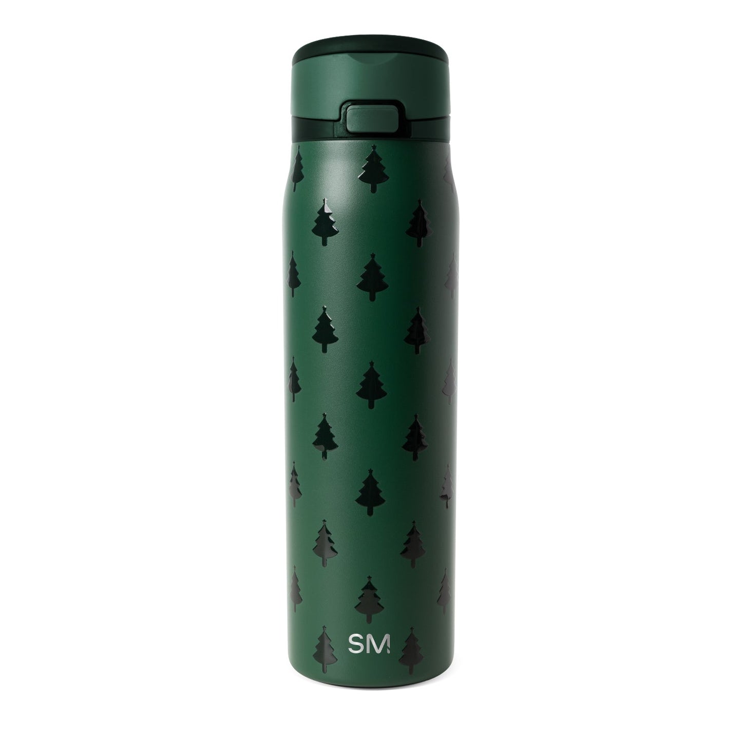 Sage green water bottle with black silhouette tree patterns and black lid