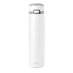 White insulated water bottle with silver-gray metallic lid and accents on light gray background