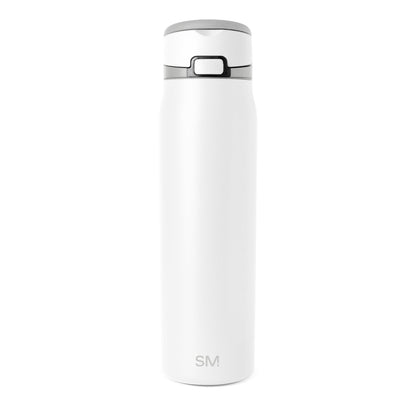 White insulated water bottle with silver-gray metallic lid and accents on light gray background