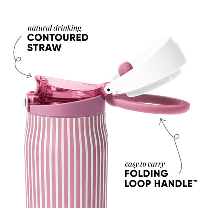 Translucent hot pink product displayed against a soft mauve and white background with cool-toned color palette
