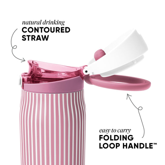 Translucent hot pink product displayed against a soft mauve and white background with cool-toned color palette