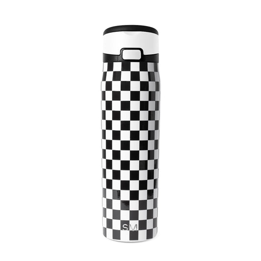 Black and white checkerboard insulated water bottle with black lid and carrying handle. Simple Modern logo on lower section. Studio product photo on white background.