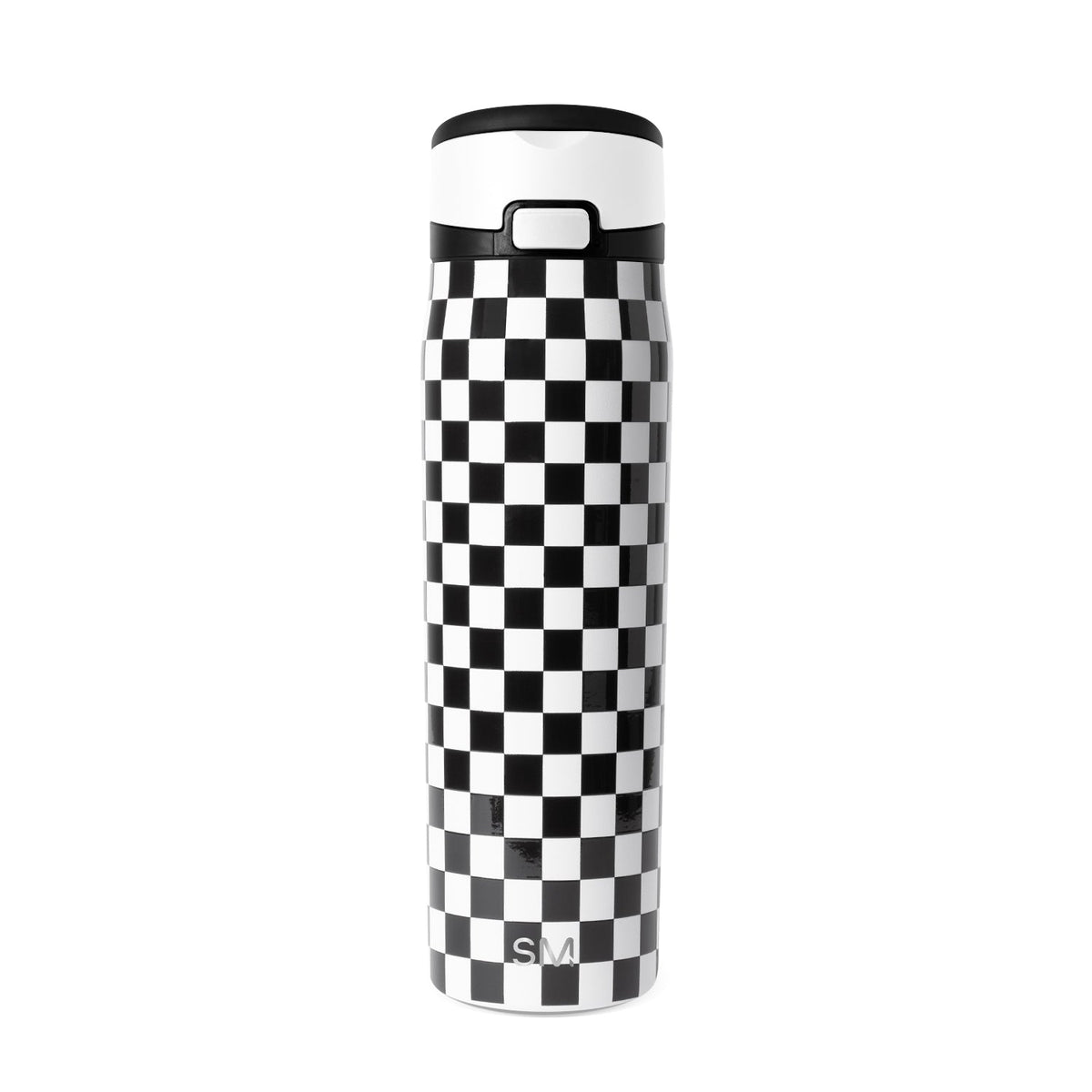 Black and white checkerboard water bottle with carry handle and SM logo on neutral background