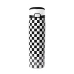 Black and white checkerboard water bottle with carry handle and SM logo on neutral background