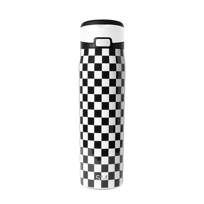 Black and white checkerboard water bottle with carry handle and SM logo on neutral background