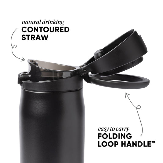 Black and charcoal reusable bottle with metallic silver straw and interior components against white background
