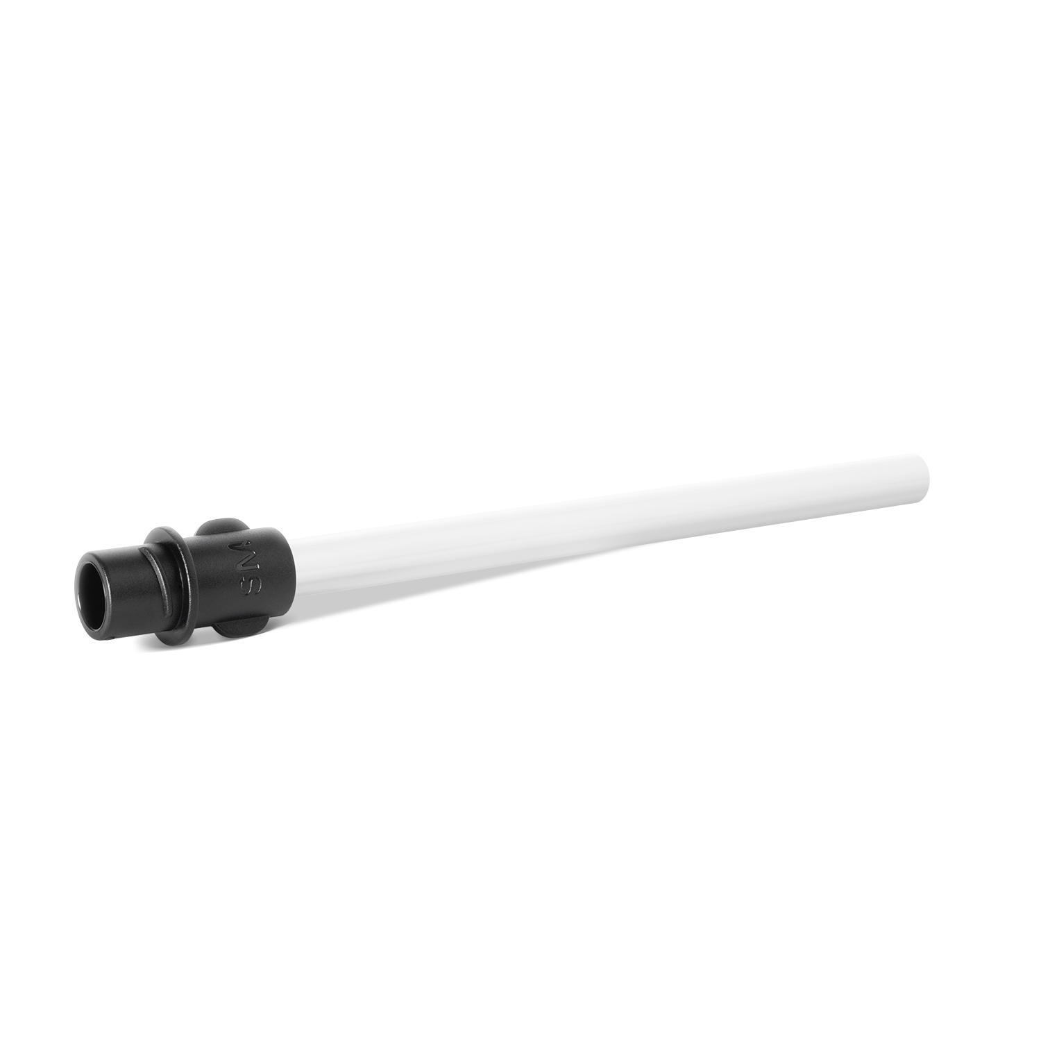 Minimalist straw with black cap on light gray background. Simple, modern design product shot featuring a single straw and matching black cap against a neutral studio setting.