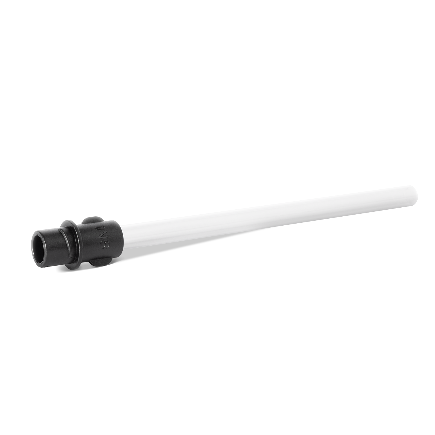 White reusable straw with black cap and connector piece against light gray background