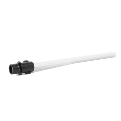White reusable straw with black cap and connector piece against light gray background