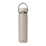 Beige stainless steel water bottle with sage green handle, band, and accent trim