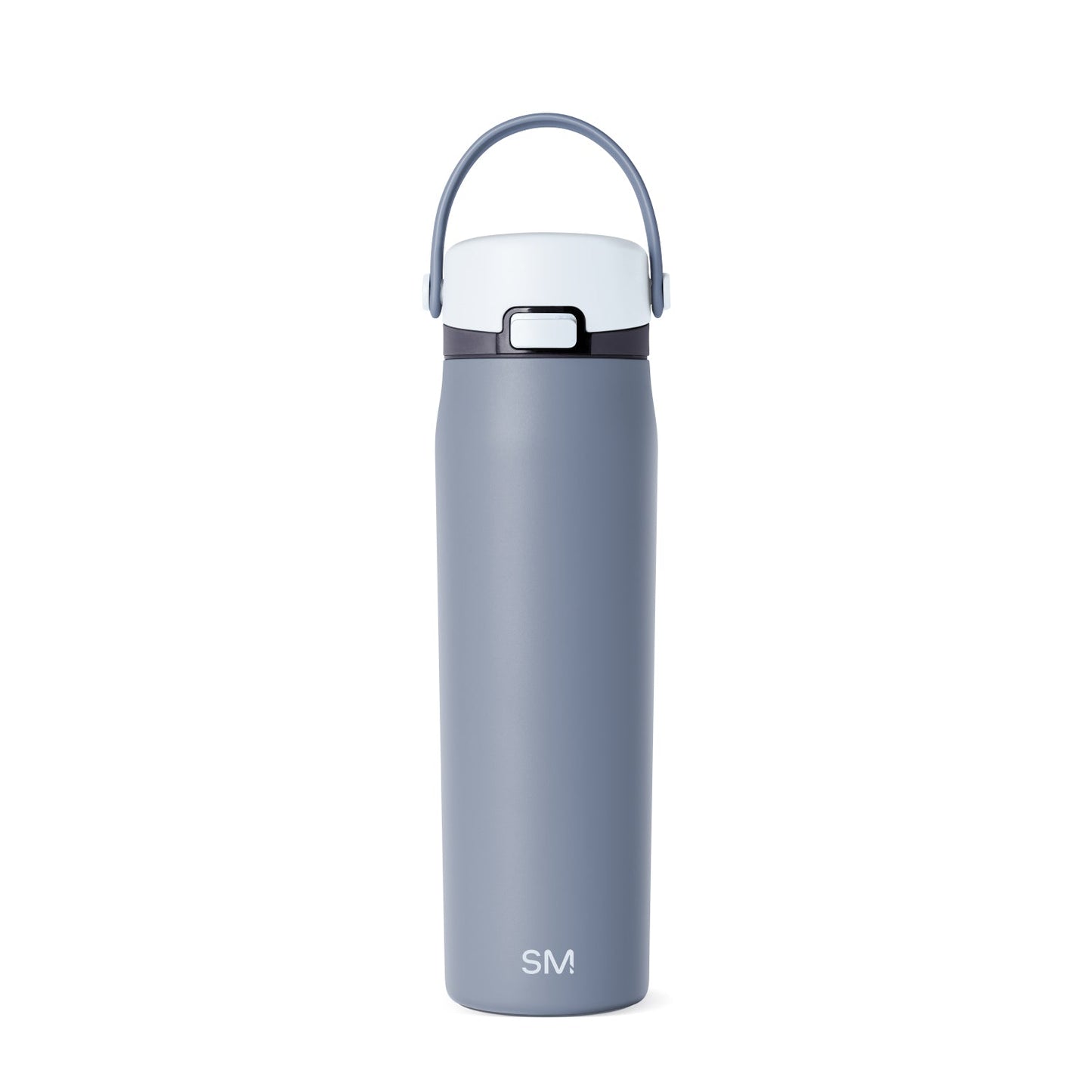 Soft slate blue insulated water bottle with white lid and cap, featuring a sleek cylindrical design for hydration and temperature retention