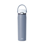 Soft slate blue insulated water bottle with white lid and cap, featuring a sleek cylindrical design for hydration and temperature retention