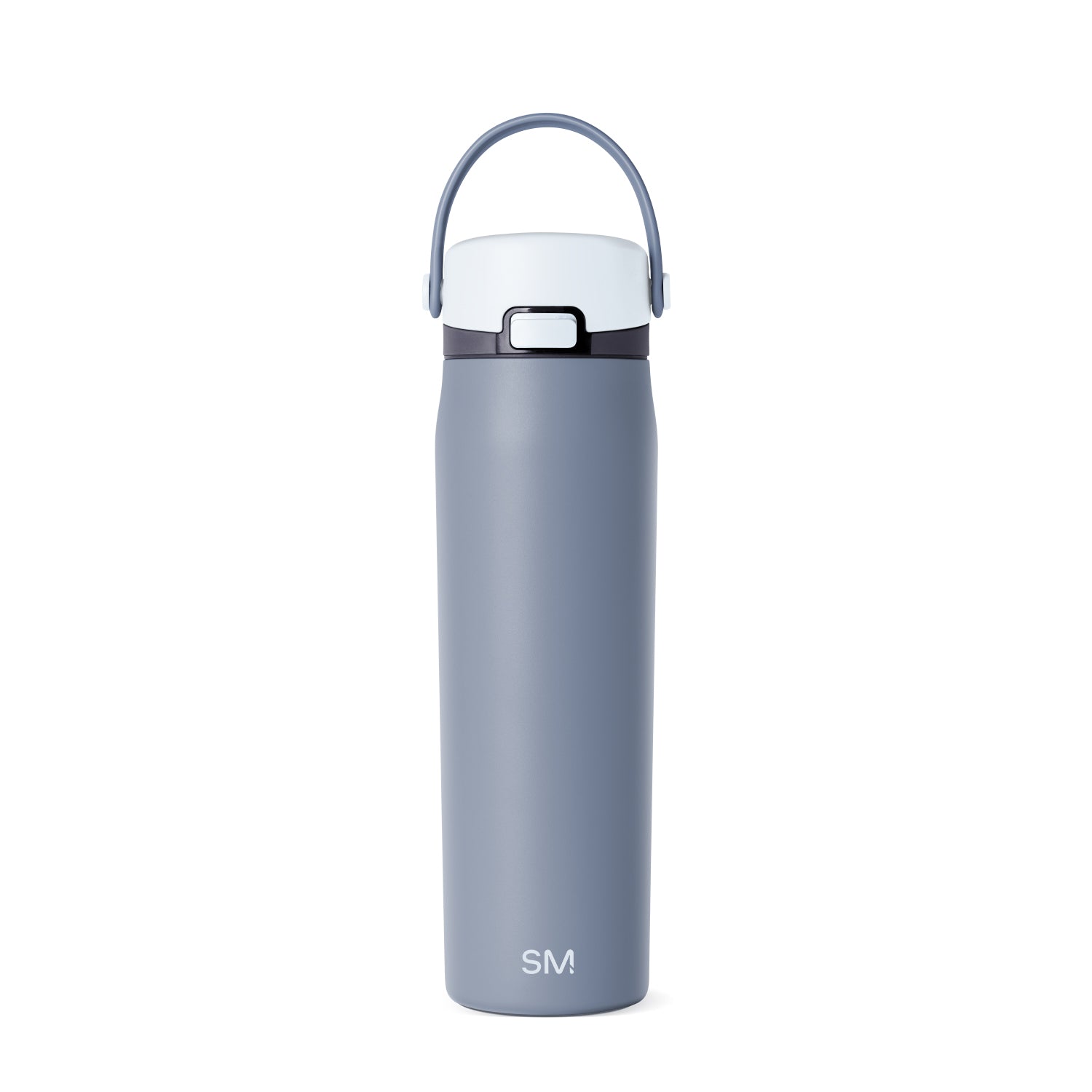 Soft slate blue insulated water bottle with white lid and cap, featuring a sleek cylindrical design for hydration and temperature retention