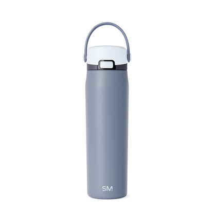 Soft slate blue insulated water bottle with white lid and cap, featuring a sleek cylindrical design for hydration and temperature retention
