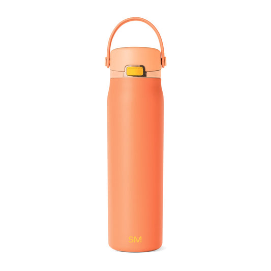 Coral orange water bottle with matching lid and carrying handle on white background