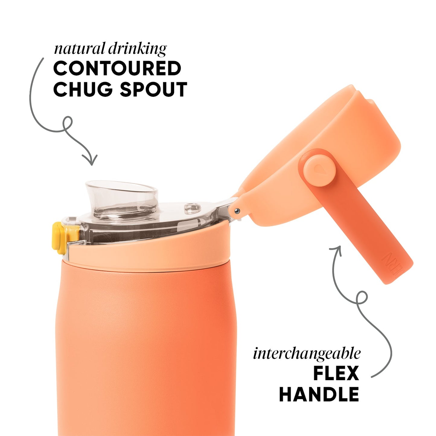 Coral-orange insulated water bottle with flexible handle and gradient tones, featuring drinkware design for hot and cold beverages.