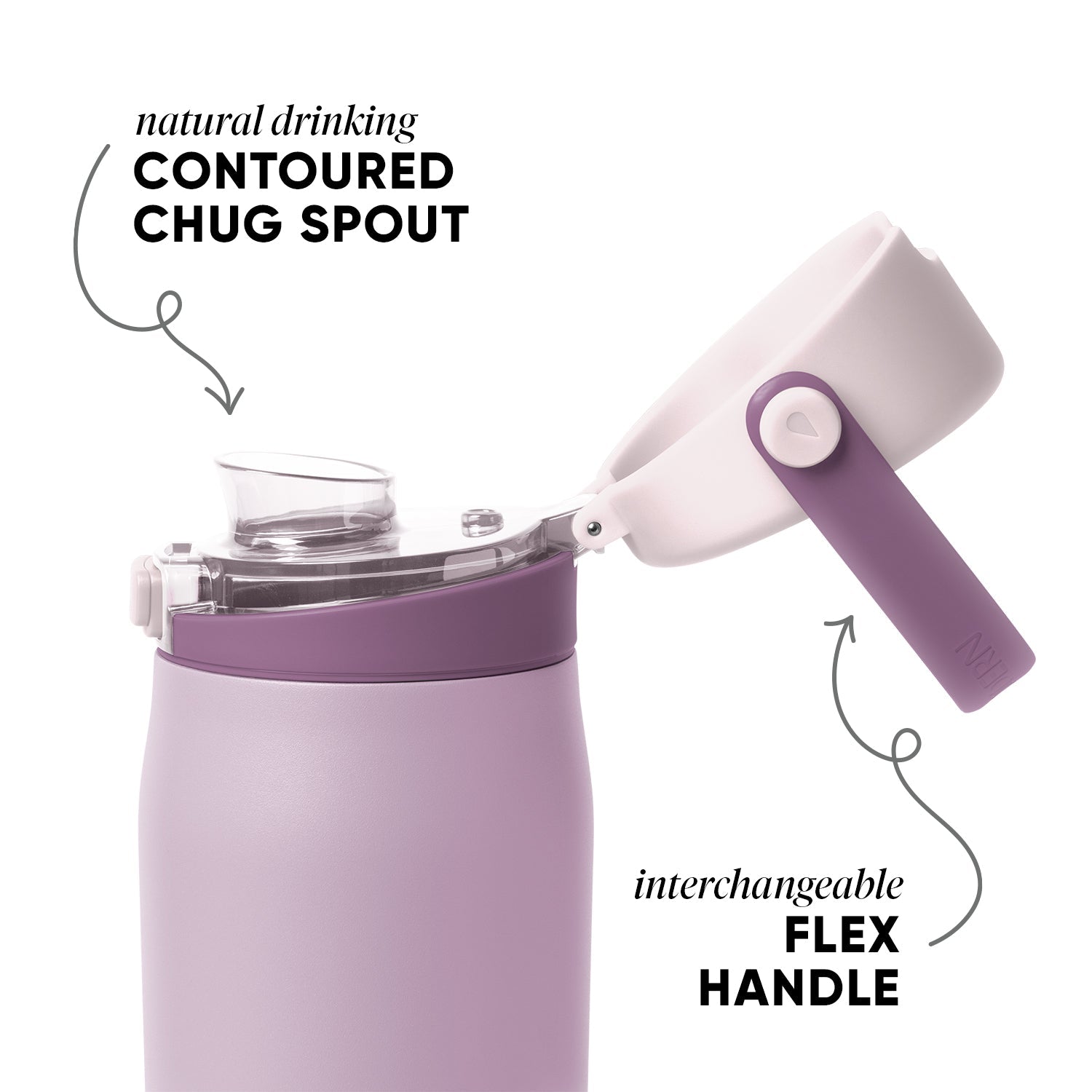 Light lilac water bottle with deep purple accents on the flex components against a soft background.