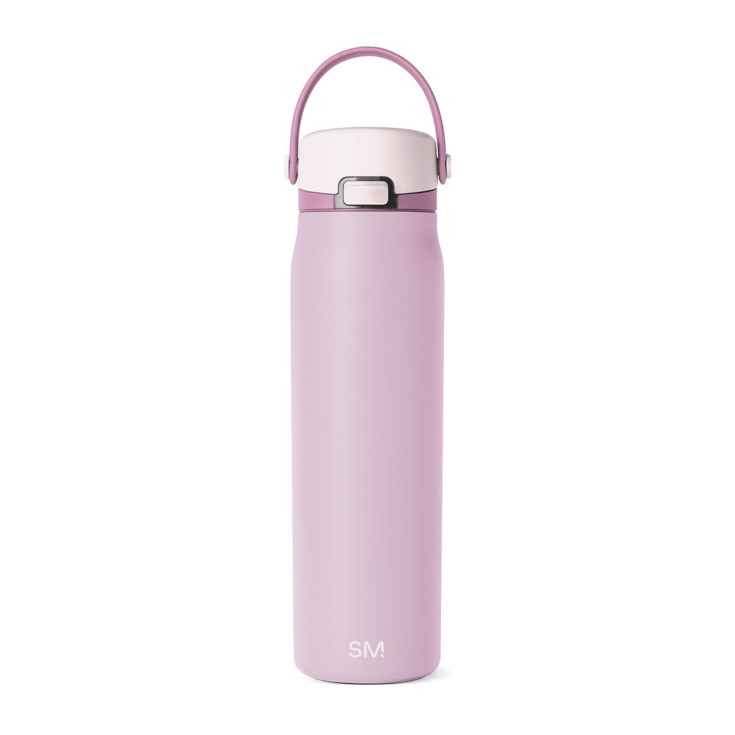 Dusty rose pink cosmetic bottle with cream-colored lid and handle